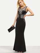 Romwe Black Lace Applique Sleeveless Fishtail Dress
