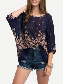 Romwe Flower Print Semi-sheer Poncho Blouse