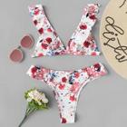 Romwe Random Floral Top With Ruffle Trim Bikini