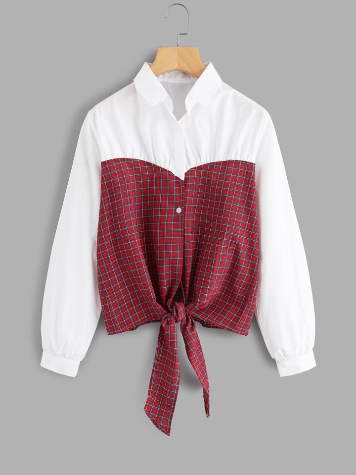 Romwe Contrast Checked Panel Kent Front Blouse