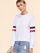 Romwe White Drop Shoulder Striped Sleeve Sweatshirt