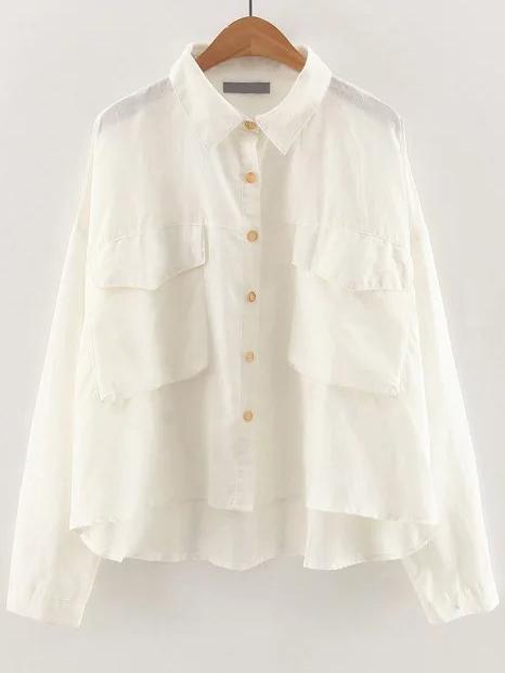 Romwe White Front Pocket Dip Hem Blouse