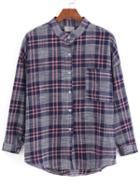 Romwe Stand Collar Plaid Pocket Navy Blouse