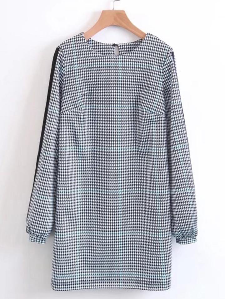Romwe Grid Detail Keyhole Back Houndstooth Dress