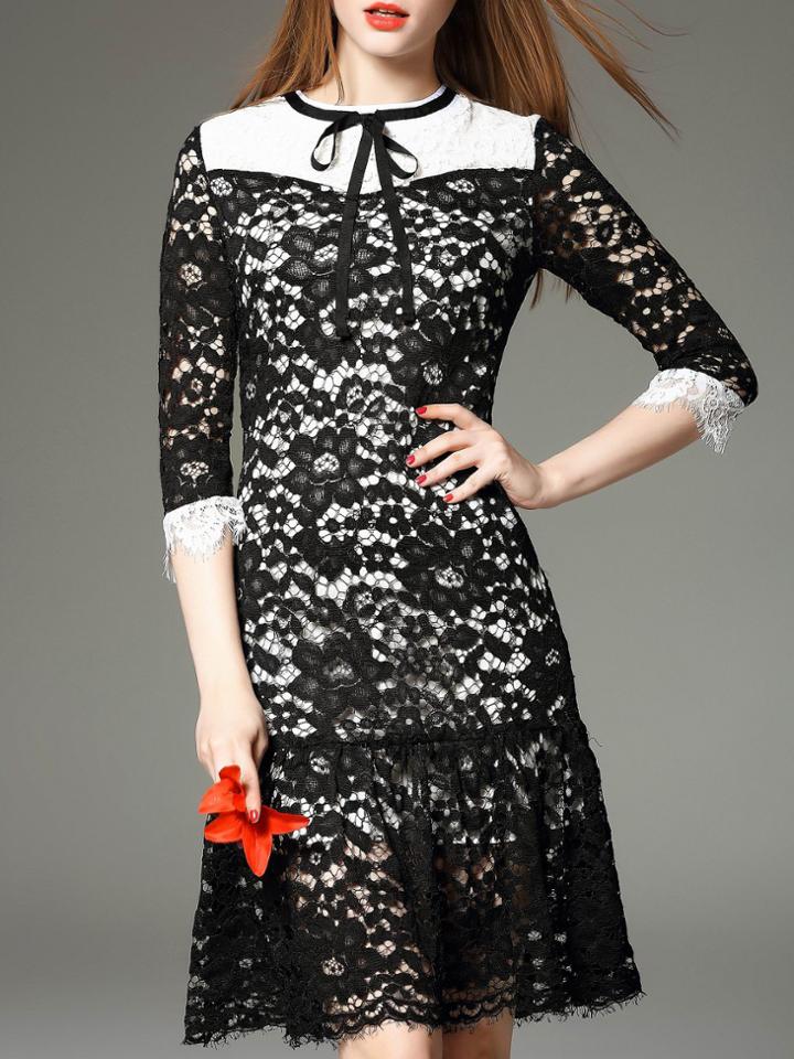 Romwe Black Tie Neck Drop Waist Lace Dress