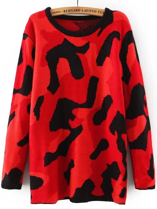 Romwe Women Long Sleeve Leopard Red Jumper
