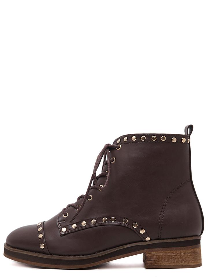 Romwe Dark Brown Studded Lace Up Cork Low Heeled Ankle Boots
