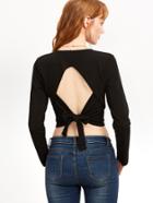 Romwe Black Cut Out Tie Back Crop T-shirt