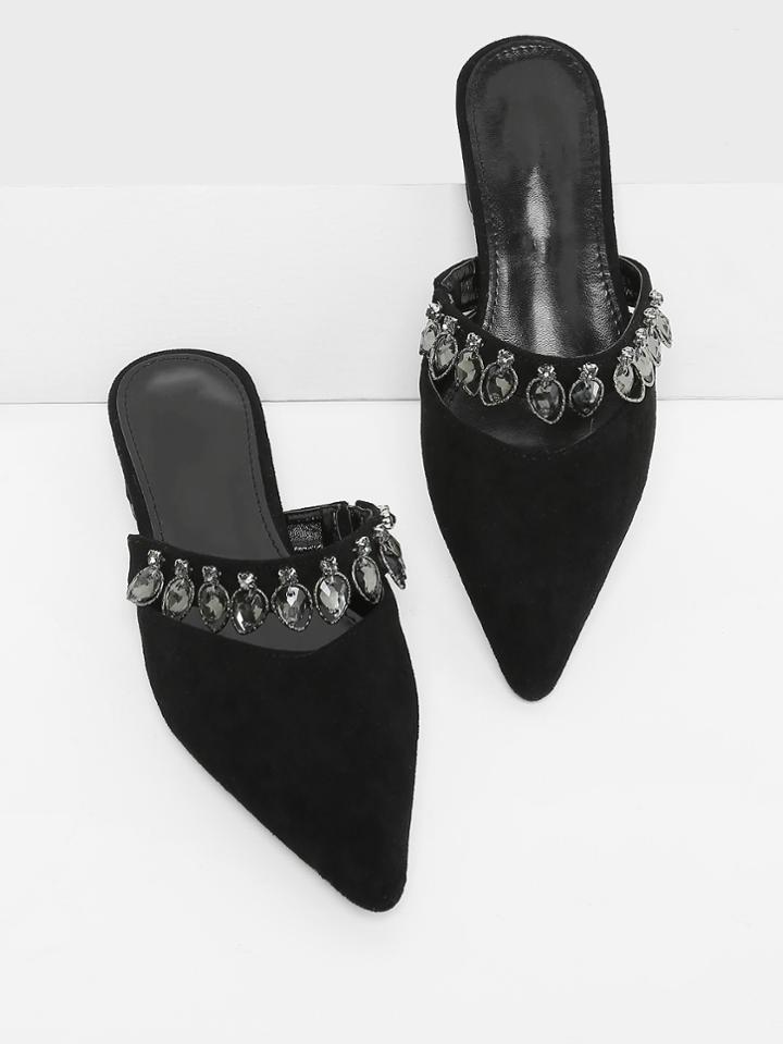 Romwe Pointed Toe Suede Flats With Rhinestone