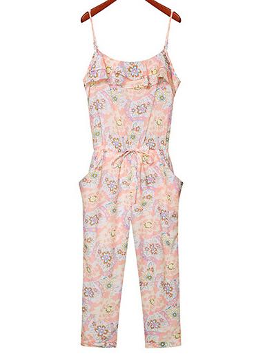 Romwe Spaghetti Strap Florals Ruffle Jumpsuit