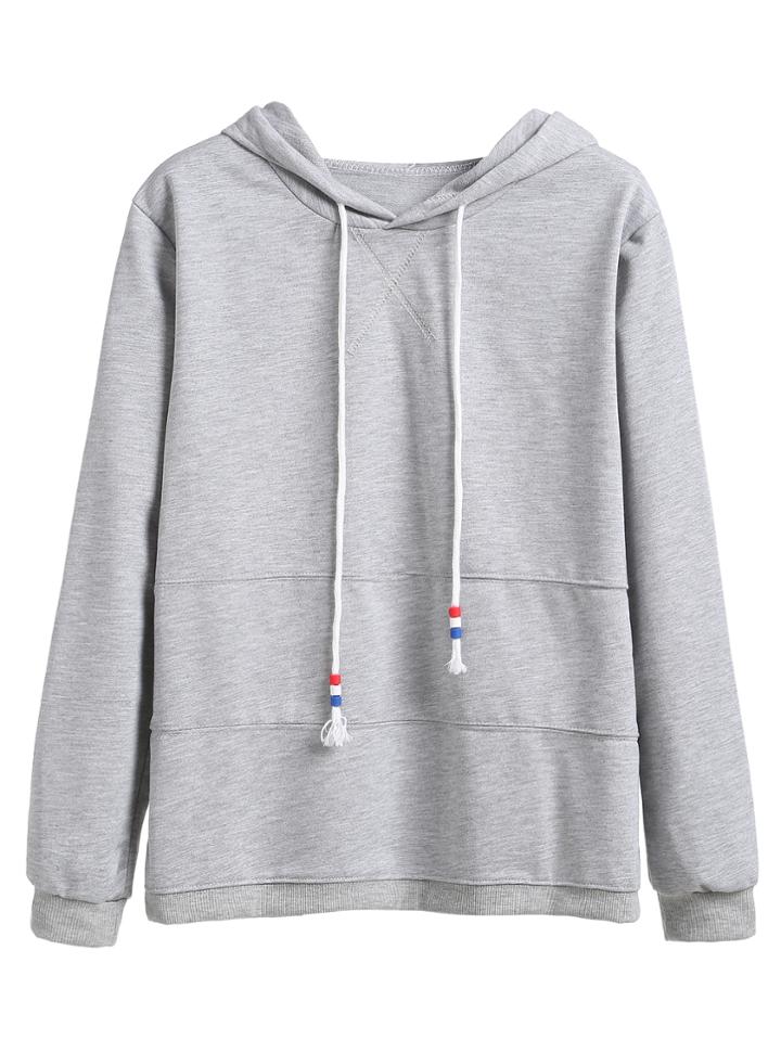 Romwe Heather Grey Drawstring Hooded Sweatshirt