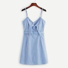 Romwe Gingham Knot Front Self Tide Waist Cami Dress