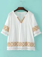 Romwe White Half Sleeve Fringe Tirm Embroidery Blouse
