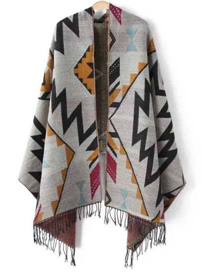 Romwe Geometric Print Fringe Grey Scarf