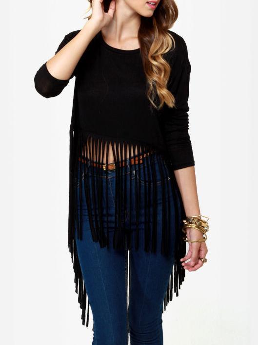 Romwe Round Neck Tassel T-shirt