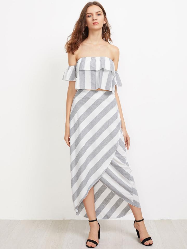 Romwe Flounce Layered Neckline Striped Crop Top With Wrap Skirt