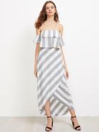 Romwe Flounce Layered Neckline Striped Crop Top With Wrap Skirt