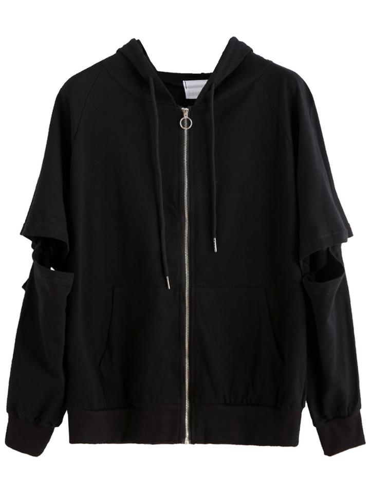 Romwe Black Cut Out Removable Sleeve Zip Hooded Sweatshirt