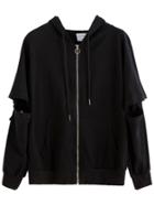 Romwe Black Cut Out Removable Sleeve Zip Hooded Sweatshirt