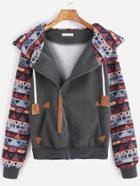 Romwe Contrast Tribal Pattern Oblique Zipper Drawstring Hooded Sweatshirt
