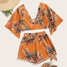 Romwe Leaf Print Blouse & Pompom Trim Shorts