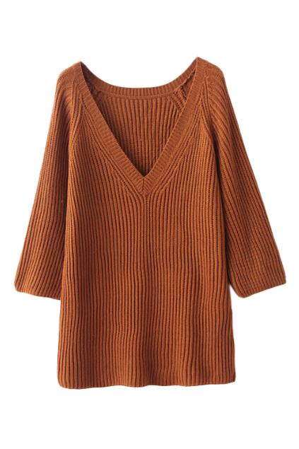 Romwe V-neck Cropped Sleeved Loose Khaki Jumper