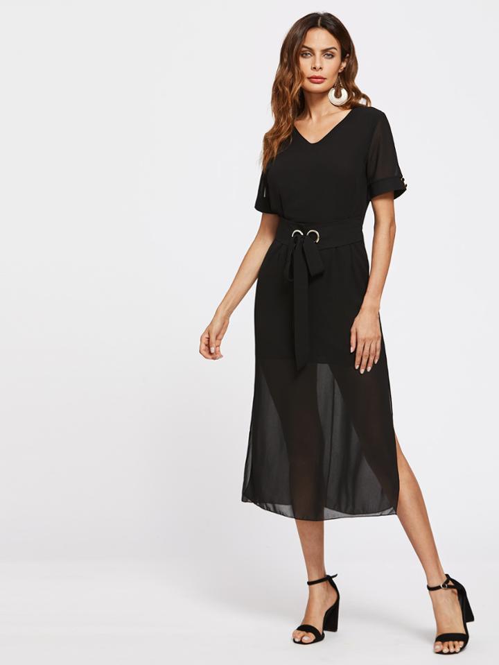 Romwe Dolphin Hem Tie Waist Dress With Ring Detail