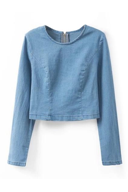 Romwe Zippered Back Midriff Slim Denim Blouse