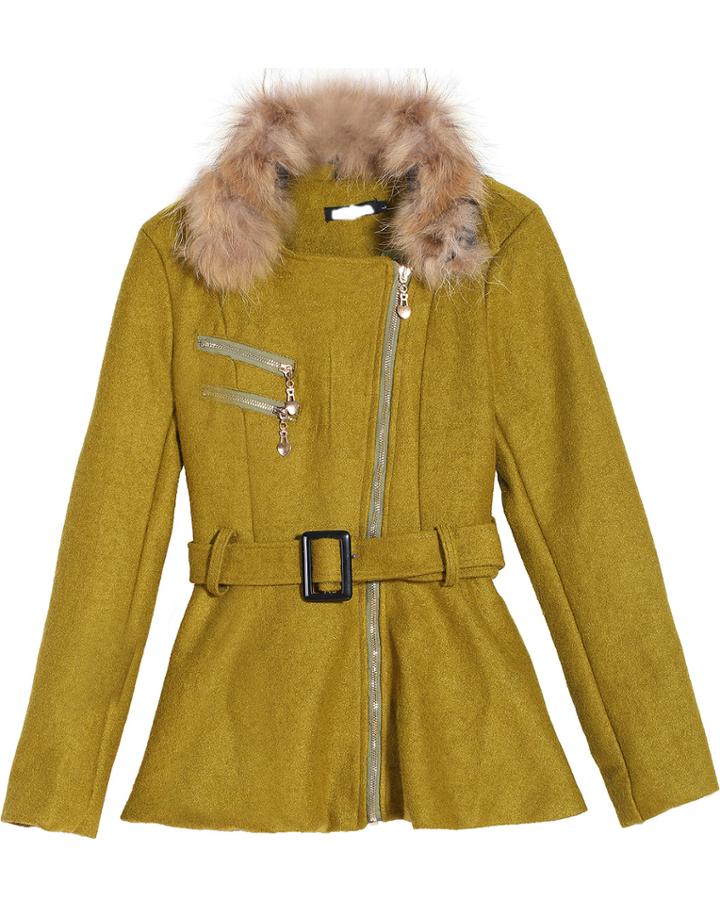 Romwe Belted Zipper Faux Fur Army Green Coat