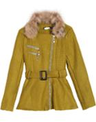Romwe Belted Zipper Faux Fur Army Green Coat