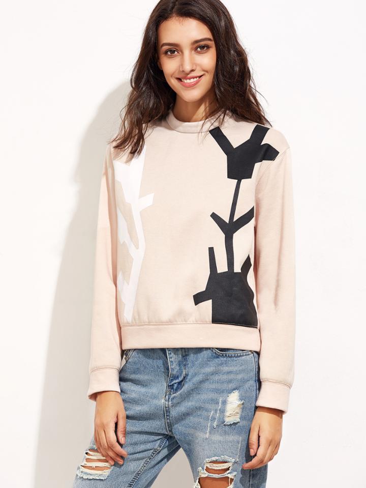 Romwe Pink Abstract Print Zip Back Sweatshirt