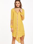 Romwe Yellow Tie Neck Embroidered Lantern Sleeve High Low Shirt Dress