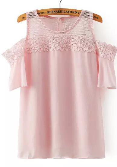 Romwe Lace Insert Open Shoulder Pink Top