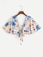 Romwe Floral Print Random Cut Out Self Tie Crop Top