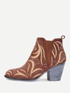 Romwe Embroidery Detail Block Heeled Ankle Boots