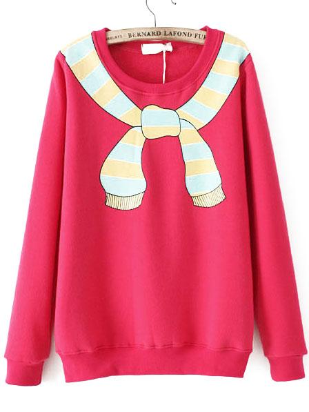 Romwe Red Scarf Print Loose Sweatshirt