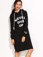 Romwe Black Letter Print Split Side Drawstring Hooded Sweatshirt Dress