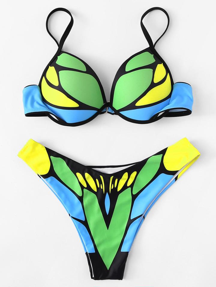 Romwe Colorblock Push Up Bikini Set