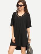 Romwe Black V Neck Sequin High Low Shift Dress