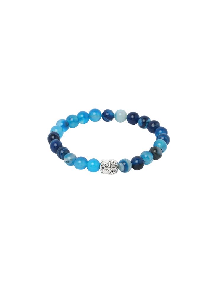 Romwe Blue Network Stone Beaded Buddha Head Stretch Charm Bracelet