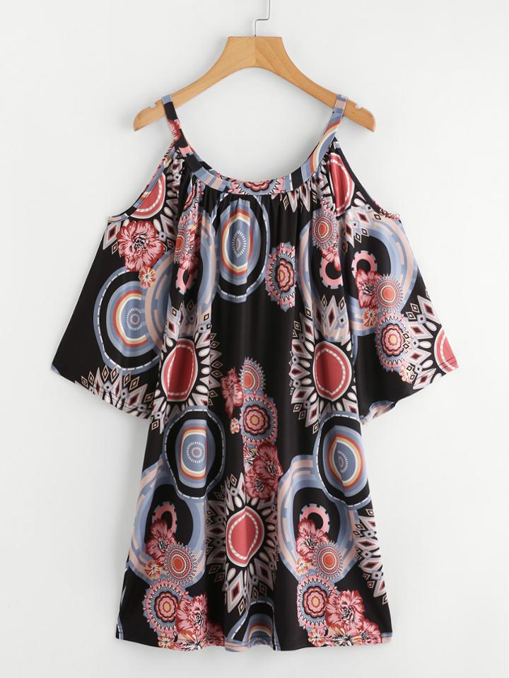 Romwe Geo Print Cold Shoulder Dress