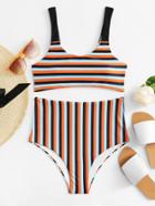Romwe Multicolor Stripe High Leg Bikini Set