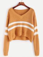 Romwe Yellow Striped Chevron Knit Crop Sweater