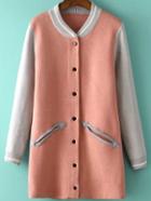 Romwe Contrast Collar Buttons Pockets Pink Cardigan