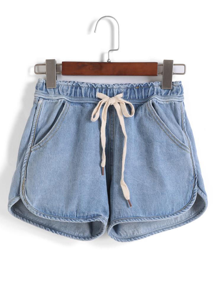 Romwe Drawstring With Pockets Denim Shorts