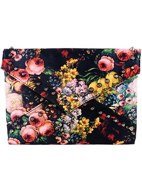 Romwe Black Rivet Floral Clutch Bag