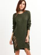 Romwe Army Green Drop Shoulder Frayed High Low Sweater