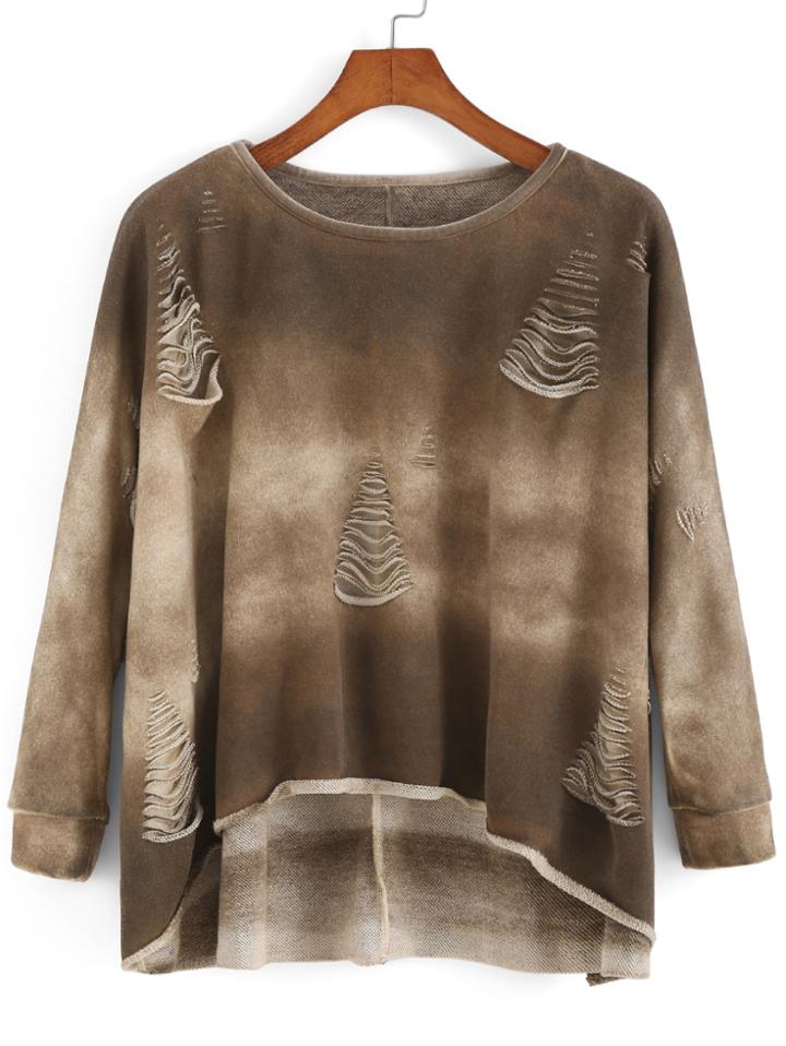 Romwe Dip Hem Ripped Loose Top