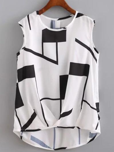 Romwe Black Sleeveless Dip Hem Geometric Print Blouse