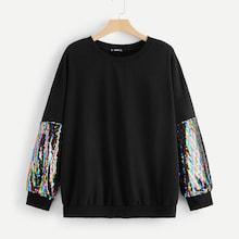 Romwe Plus Drop Shoulder Sequins Contrast Sleeve Pullover